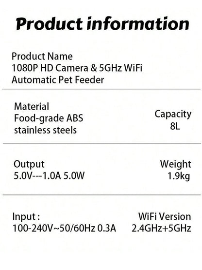 8L Automatic Cat Feeder With 1080p Camera Video WiFi Cat Food Dispenser Pet Smart Voice Recorder Remote Control Pet Auto Feeder