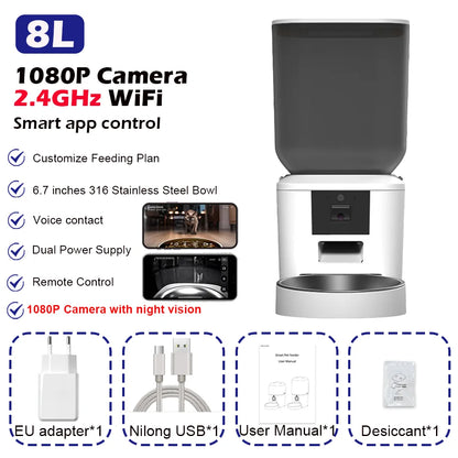 8L Automatic Cat Feeder With 1080p Camera Video WiFi Cat Food Dispenser Pet Smart Voice Recorder Remote Control Pet Auto Feeder